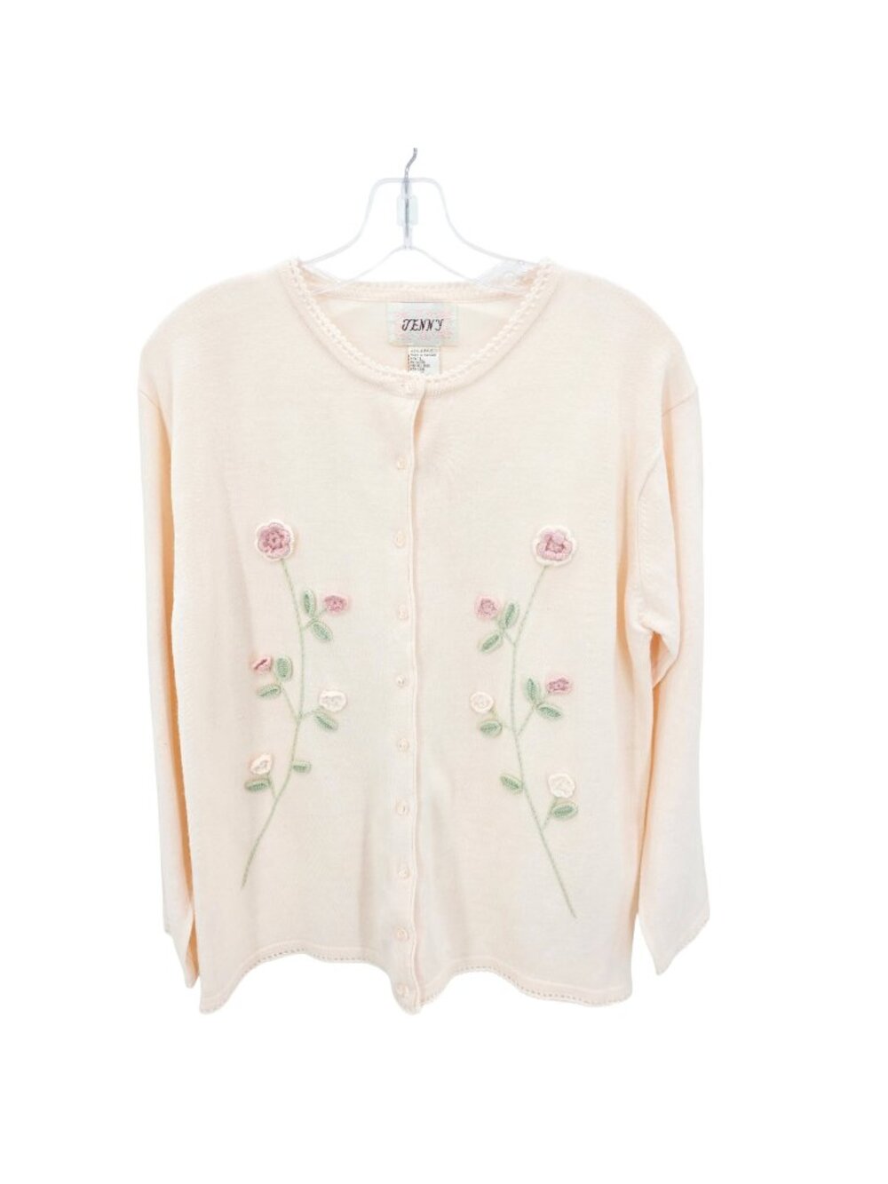 Jenny Cardigan Sweater Womens L Pale Pink Crochet Floral Button Knit Cottagecore